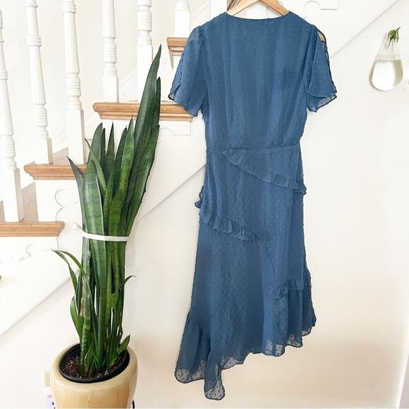 Lulus Split Sleeve Next To You Slate Blue Swiss Dot Ruffled Midi Dress Size M - Picture 10 of 11